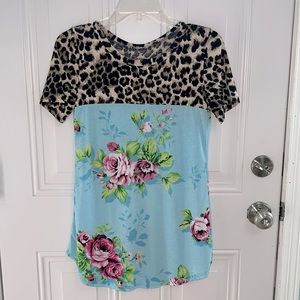 Leopard and blue floral print top size small